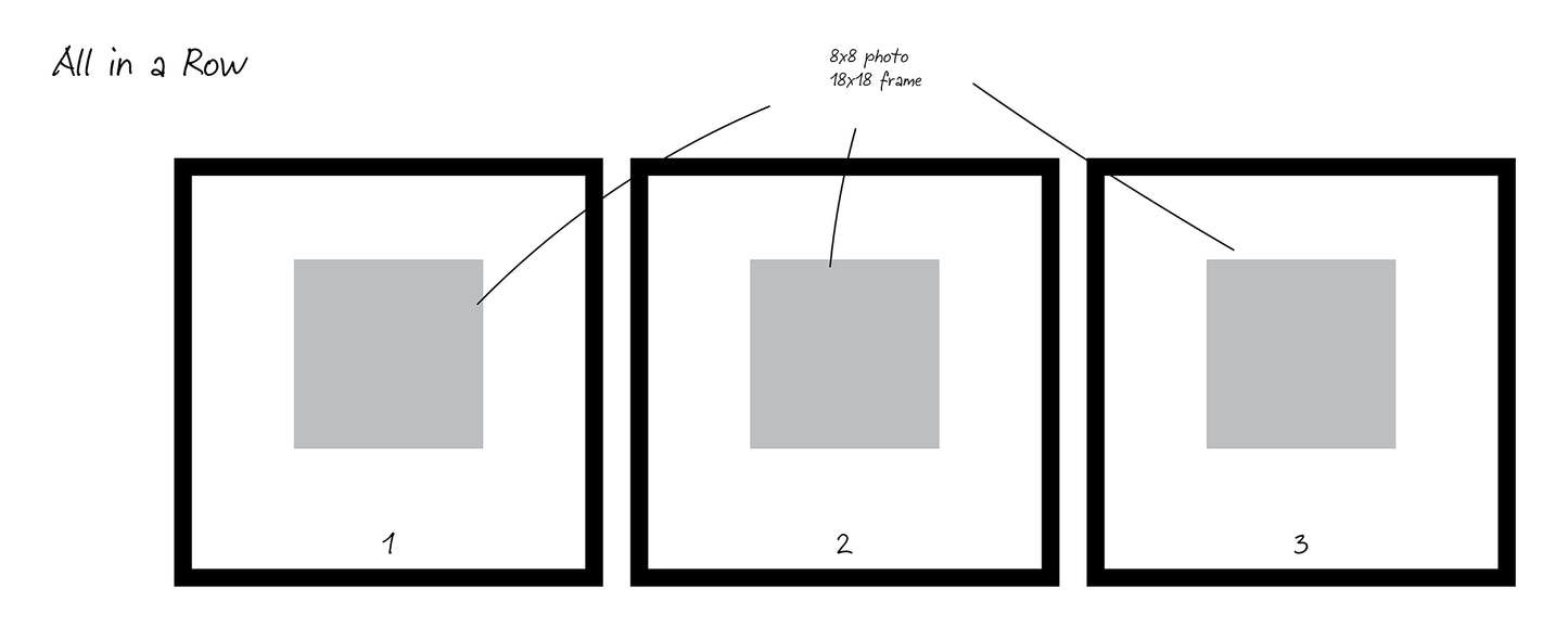layout for 3 piece gallery wall. 8 by 8 photos in a 18 by 18 frame