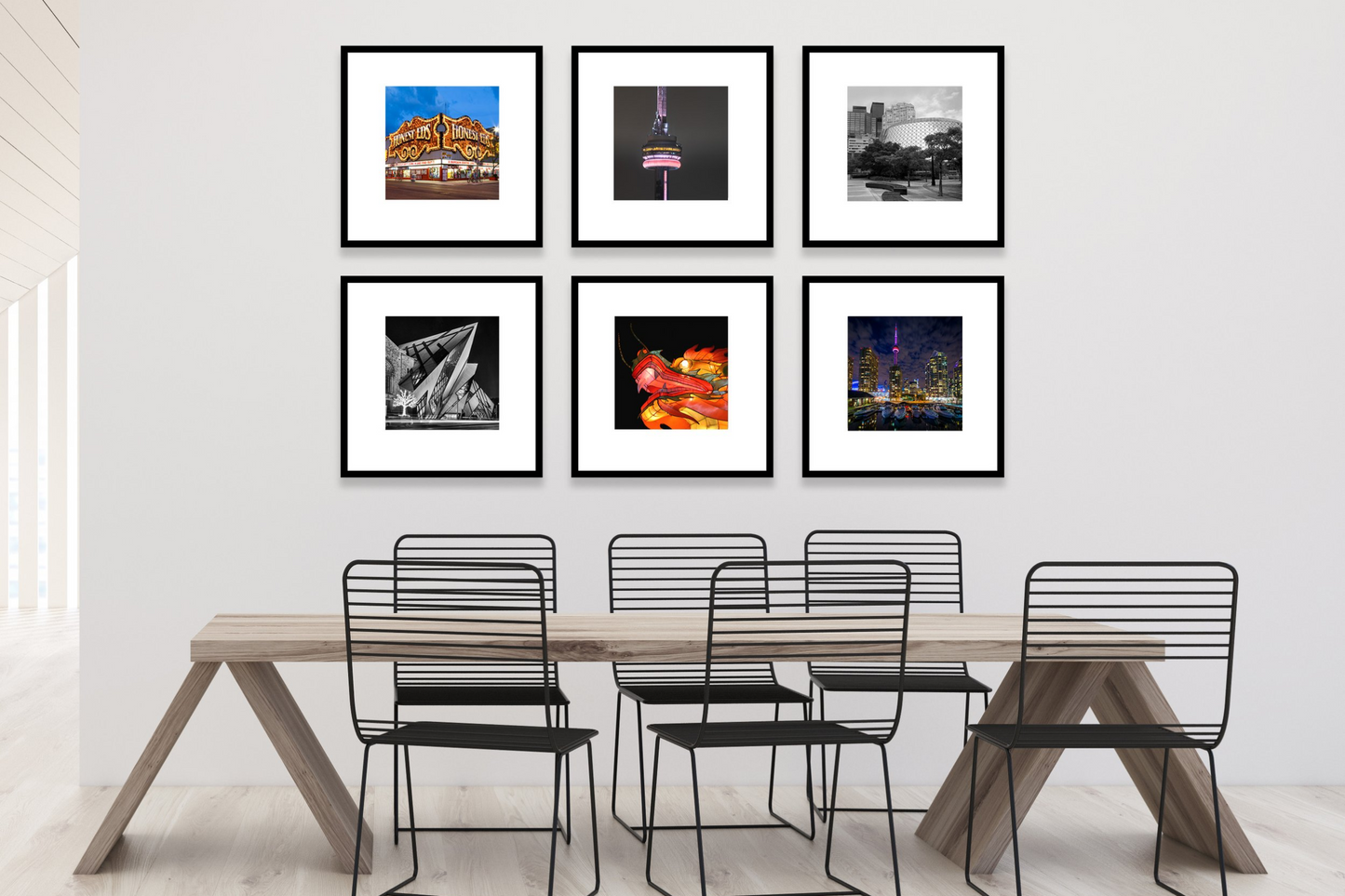 gallery wall of 6 12x12 custom photos in 21x21 frames