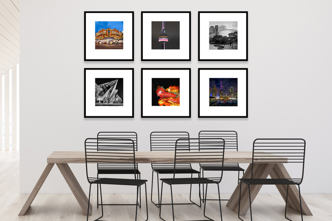 gallery wall of 6  12x12 custom photos in 21x21 frames